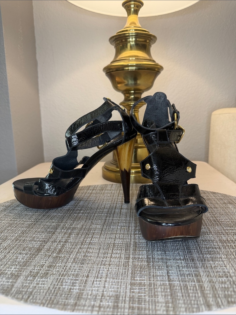 Stuart Weitzman Black Patent Leather Strappy Platform Heels with Gold Accents